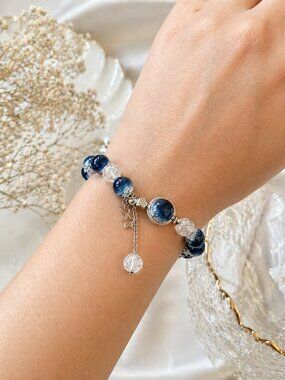 Blue Galaxy Beaded Glass Bracelet Crackle Quartz Silver Star Charm Jewelry